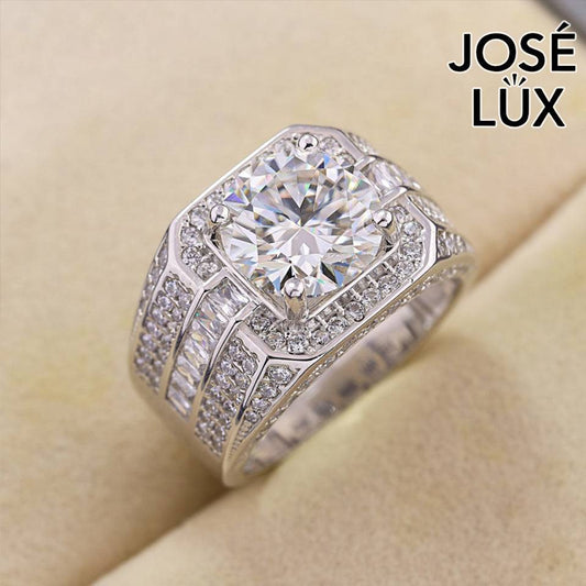 Handmade Men's Square Halo Ring with Baguette Channel — 925 Sterling Silver, Rhodium Plated White Gold Finish, Moissanite & CZ