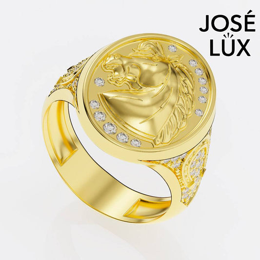 Handmade Horse Head Signet Ring — 10K & 14K Gold, Full Moissanite Accents