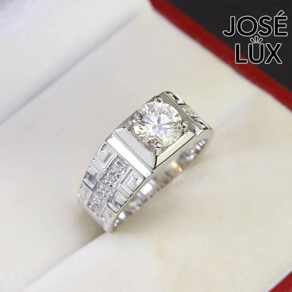 Handmade Men’s Greek Key Solitaire Ring — 925 Sterling Silver, Rhodium Plated White Gold Finish, GRA Moissanite