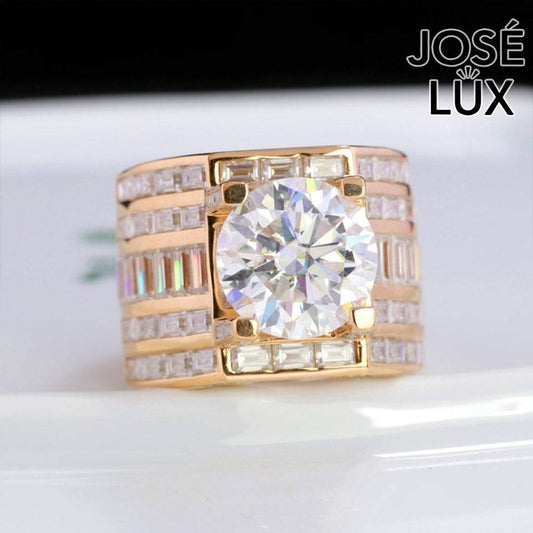 Handmade Men's Vertical Baguette Channel Set Ring — 925 Sterling Silver, Rose Gold Plated Finish, 12mm Moissanite & CZ