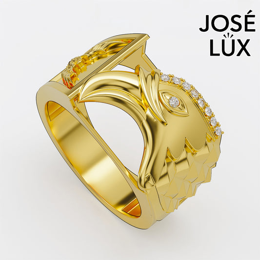 Handmade Eagle Head Signet Ring — 10K & 14K Gold, Full Moissanite Accents