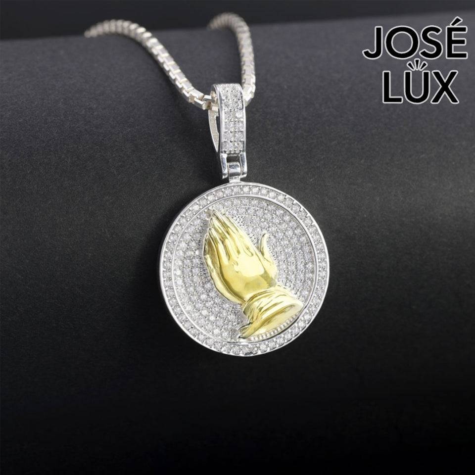 Handmade Iced Out Praying Hands Pendant Necklace for Men — 925 Sterling Silver, Two-Tone Gold & White Rhodium Finish, Swiss CZ