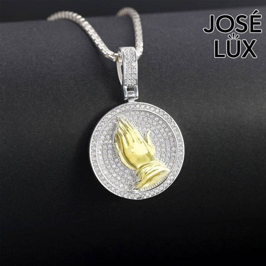 Handmade Iced Out Praying Hands Pendant Necklace for Men — 925 Sterling Silver, Two-Tone Gold & White Rhodium Finish, Swiss CZ