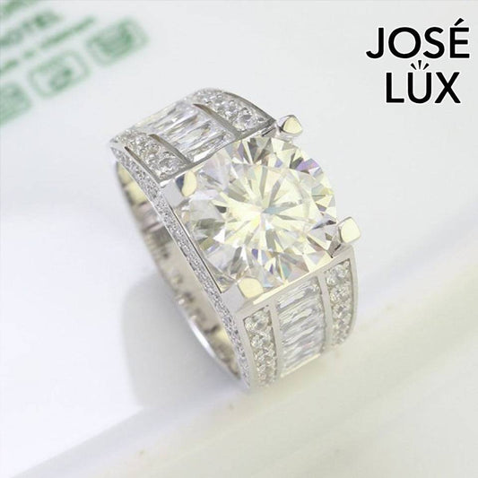 Handmade Men's Round Center Ring with Baguette Side Stones — 925 Sterling Silver, Rhodium Plated White Gold Finish, Moissanite & CZ