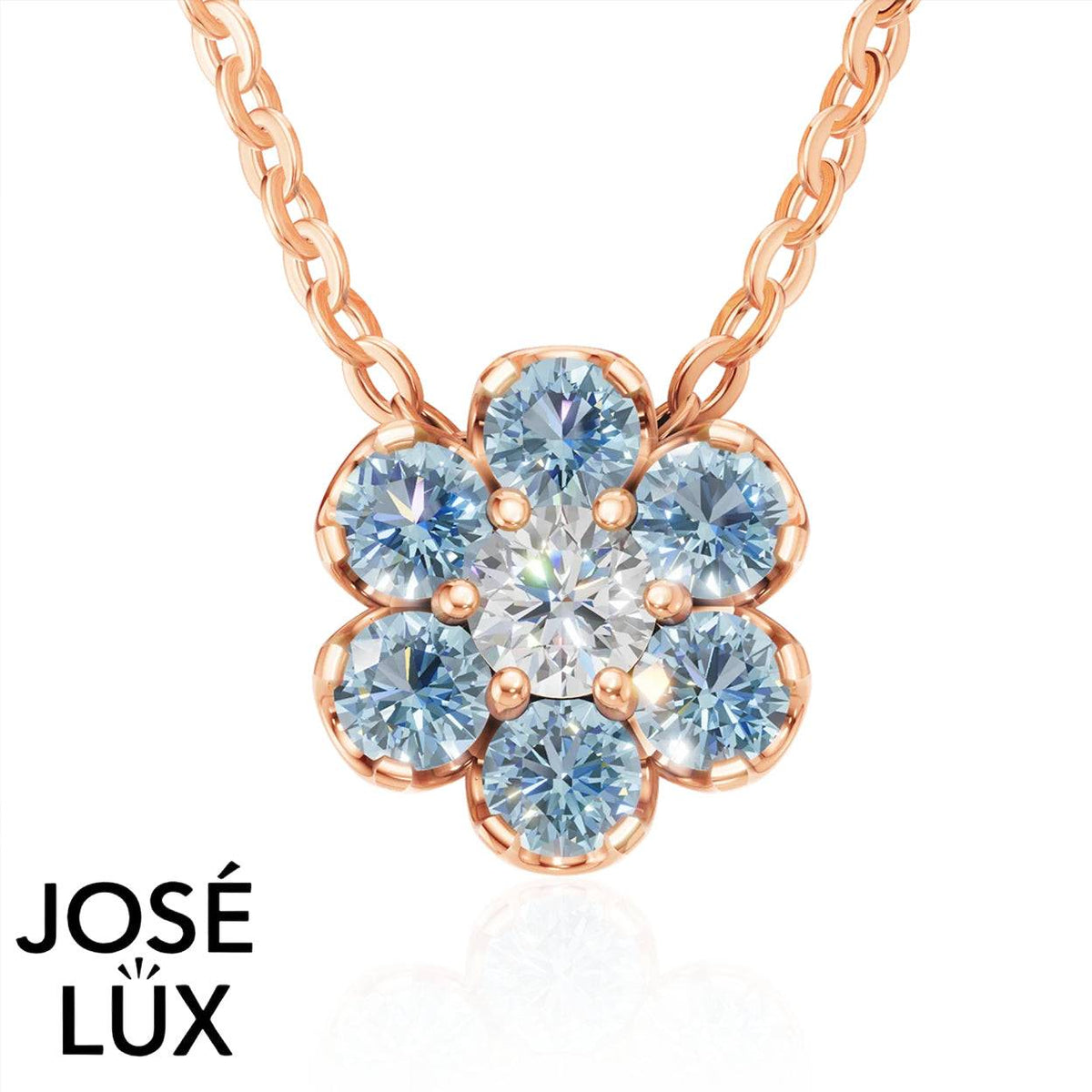 Handmade Women’s 10K Rose Gold Flower Necklace — Light Blue CZ, 18 Inches