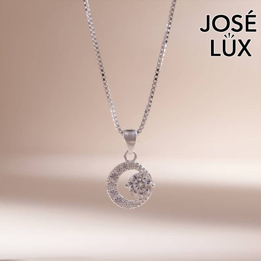 Handmade Crescent Moon Circle Pendant Necklace — 925 Sterling Silver, Rhodium Plated White Gold Finish, GRA Moissanite