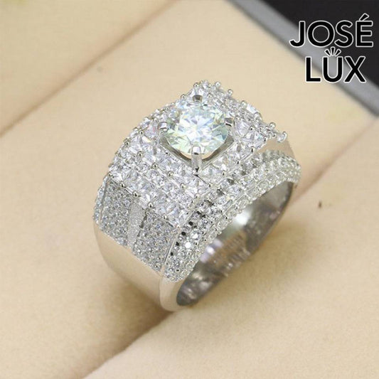 Handmade Men's Full Micropave Square Halo Ring — 925 Sterling Silver, Rhodium Plated White Gold Finish, 7.0mm Moissanite & CZ
