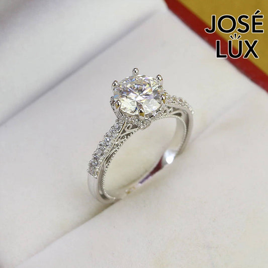 Handmade Vintage Filigree Hidden Halo Ring — 925 Sterling Silver, Rhodium Plated White Gold Finish, GRA Moissanite 2ct