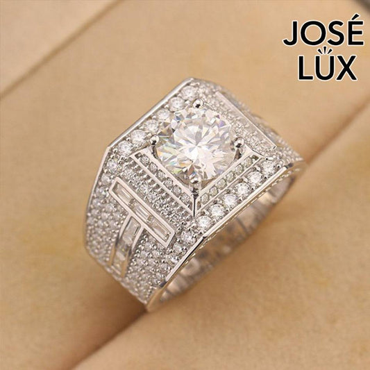 Handmade Men's Square Halo Ring — 925 Sterling Silver, Rhodium Plated White Gold Finish, 8mm Moissanite & Swiss CZ Halo
