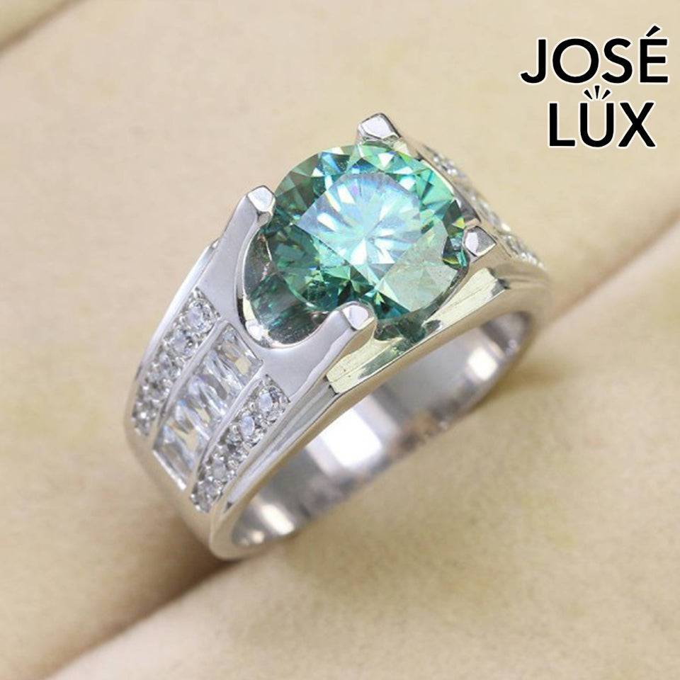 Handmade Men's Tension Setting Ring — 925 Sterling Silver, Rhodium Plated White Gold Finish, Green Moissanite & CZ