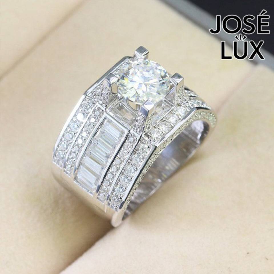 Handmade Men's Round Center Ring with Baguette Side Stones — 925 Sterling Silver, Rhodium Plated White Gold Finish, Blue-Green Moissanite & CZ