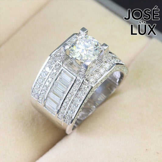 Handmade Men's Round Center Ring with Baguette Side Stones — 925 Sterling Silver, Rhodium Plated White Gold Finish, Blue-Green Moissanite & CZ