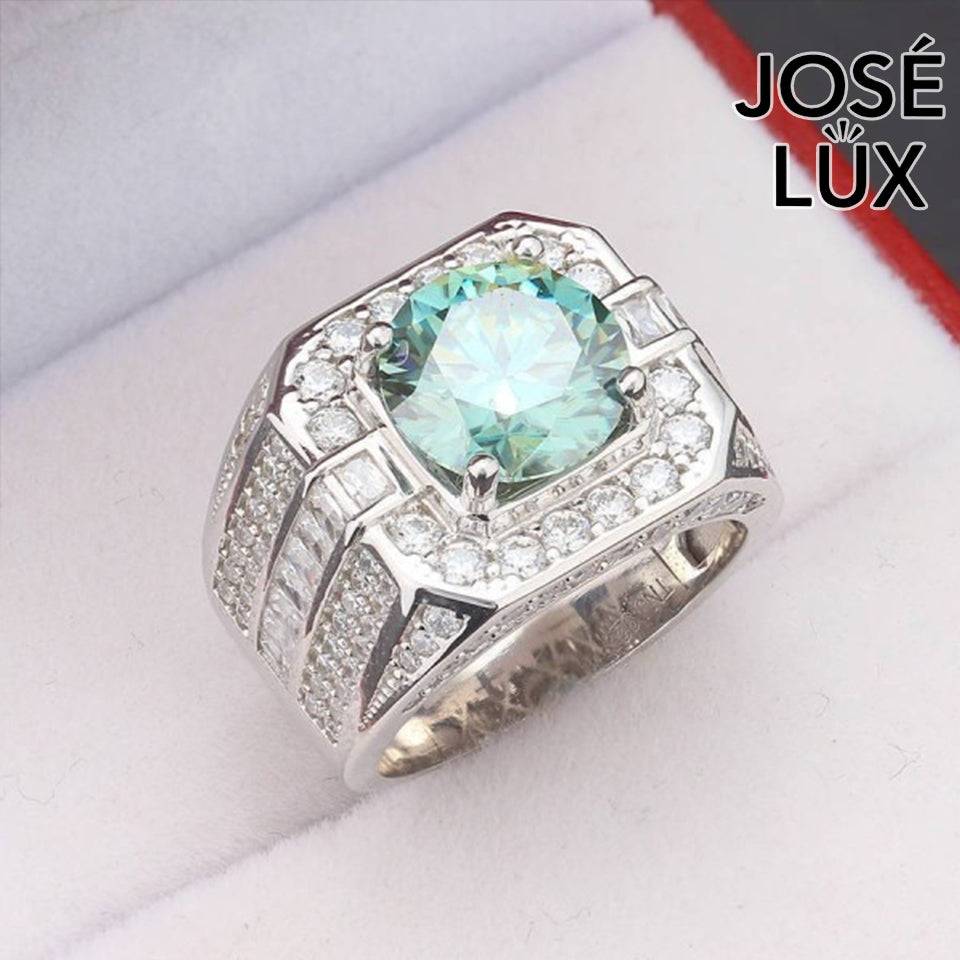 Handmade Men's Round Center Halo Ring with Baguette Side Stones — 925 Sterling Silver, Rhodium Plated White Gold Finish, Blue-Green Moissanite & CZ