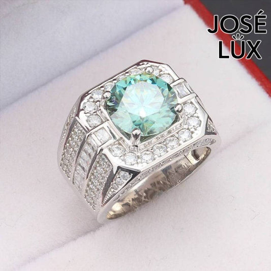 Handmade Men's Round Center Halo Ring with Baguette Side Stones — 925 Sterling Silver, Rhodium Plated White Gold Finish, Blue-Green Moissanite & CZ