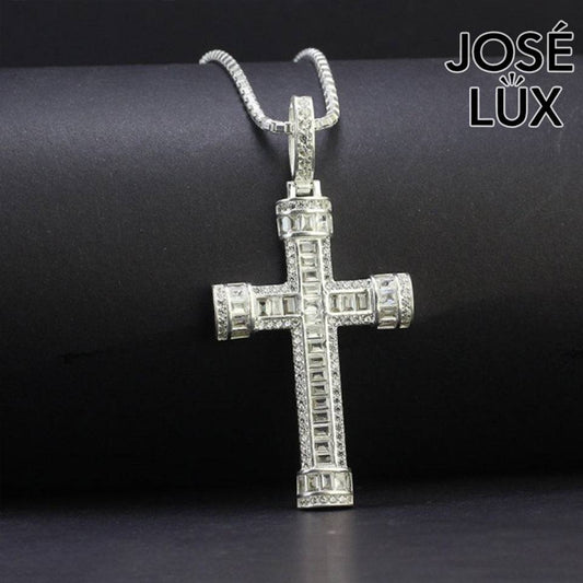 Handmade Iced Out Baguette Cross Pendant Necklace for Men — 925 Sterling Silver, Rhodium Plated White Gold Finish, Swiss CZ