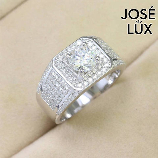 Handmade Men's Square Halo Iced Out Ring — 925 Sterling Silver, Rhodium Plated White Gold Finish, Full Moissanite