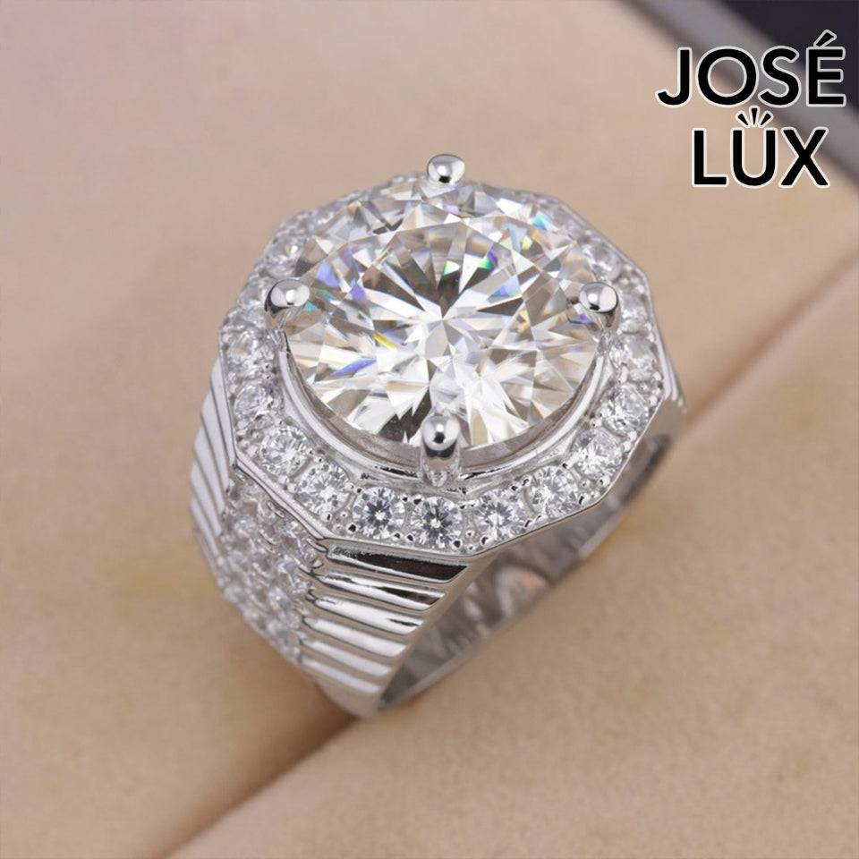 Handmade Men's Halo Ring — 925 Sterling Silver, Rhodium Plated White Gold Finish, 15mm White Moissanite & Swiss CZ Halo