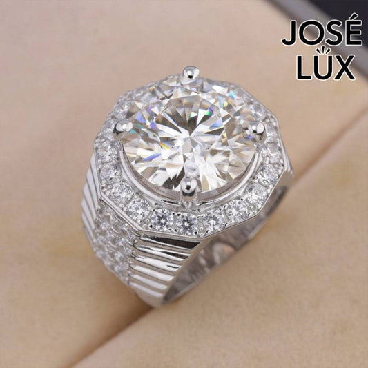 Handmade Men's Halo Ring — 925 Sterling Silver, Rhodium Plated White Gold Finish, 15mm White Moissanite & Swiss CZ Halo