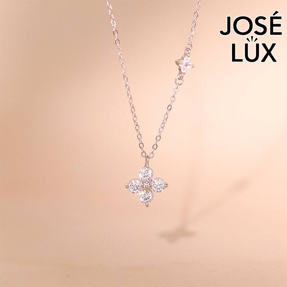 Handmade Twin Flower Four-Petal CZ Necklace — 925 Sterling Silver, Rhodium Plated White Gold Finish, Swiss CZ