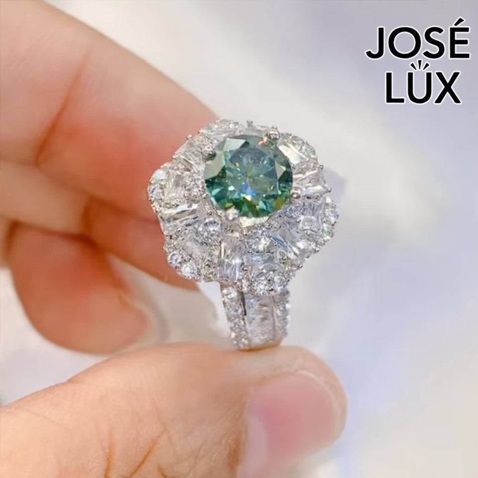 Handmade Green Moissanite Ballerina Ring — 925 Sterling Silver, Rhodium Plated White Gold Finish, GRA Moissanite