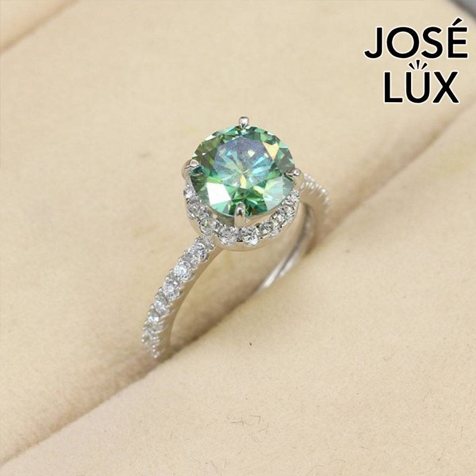 Handmade Green Moissanite Solitaire Halo Ring — 925 Sterling Silver, Rhodium Plated White Gold Finish, GRA Moissanite