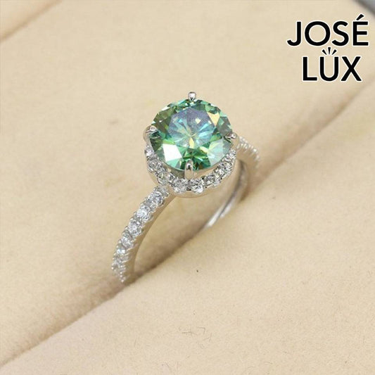 Handmade Green Moissanite Solitaire Halo Ring — 925 Sterling Silver, Rhodium Plated White Gold Finish, GRA Moissanite
