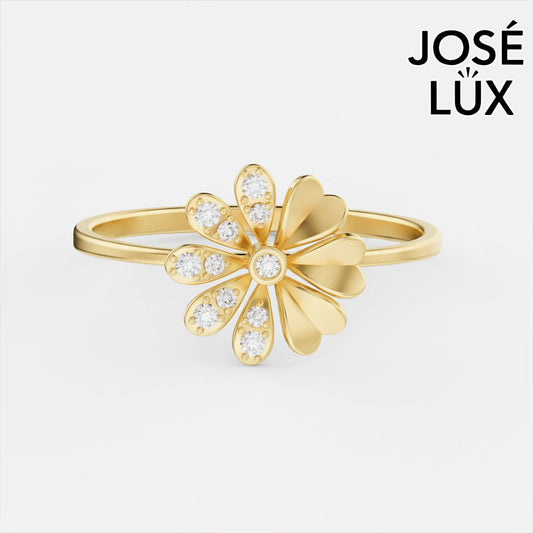 Handmade Moissanite Daisy Flower Ring — 10K & 14K Gold, GRA Certified Moissanite