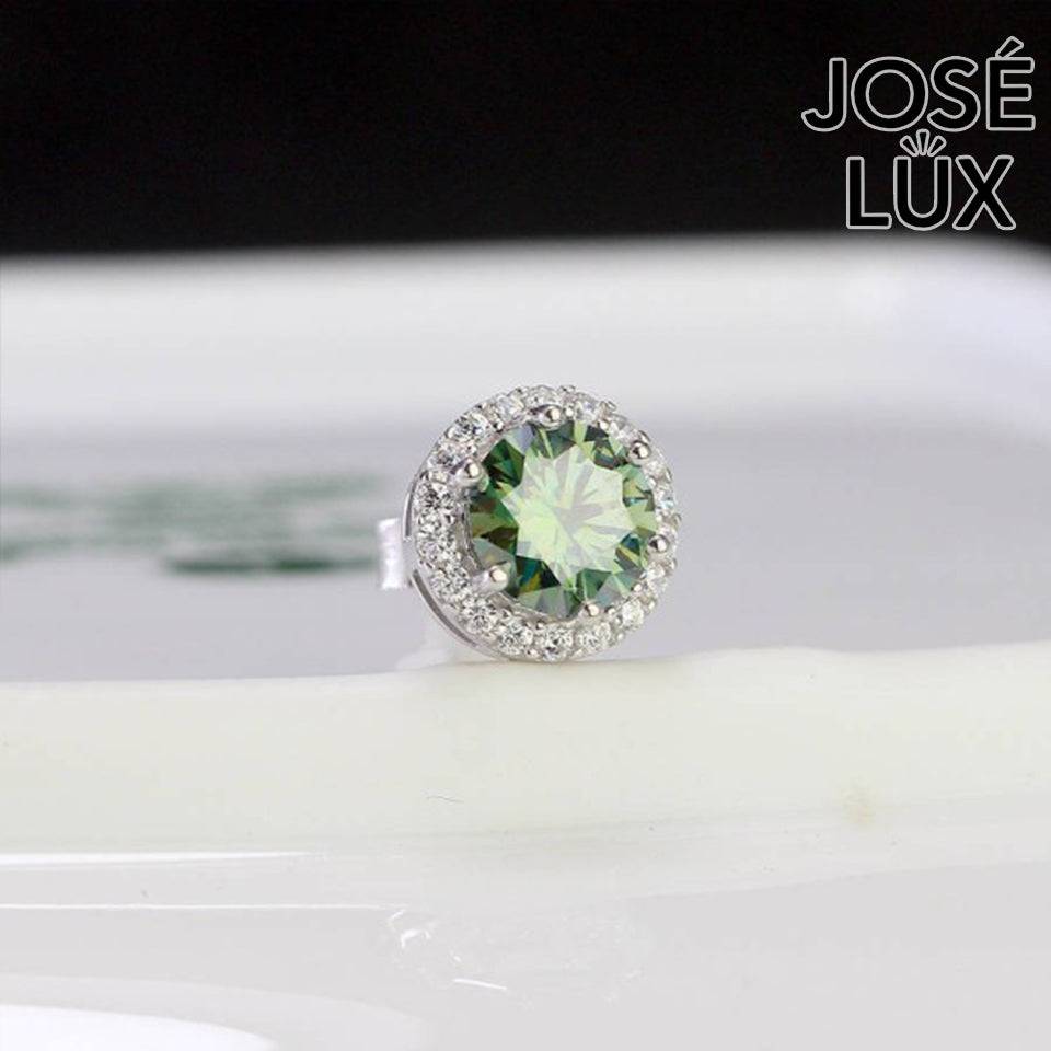 Handmade Men’s Round Halo Stud Earring — 925 Sterling Silver, Rhodium Plated White Gold Finish, Green Moissanite 0.8ct