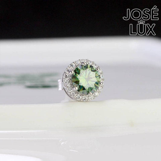 Handmade Men’s Round Halo Stud Earring — 925 Sterling Silver, Rhodium Plated White Gold Finish, Green Moissanite 0.8ct