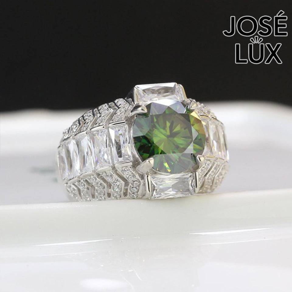 Handmade Men's Round Center Ring with Baguette Side Stones and Chevron Pavé — 925 Sterling Silver, Rhodium Plated White Gold Finish, Moissanite & CZ