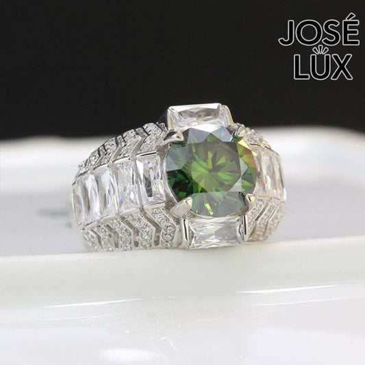 Handmade Men's Round Center Ring with Baguette Side Stones and Chevron Pavé — 925 Sterling Silver, Rhodium Plated White Gold Finish, Moissanite & CZ