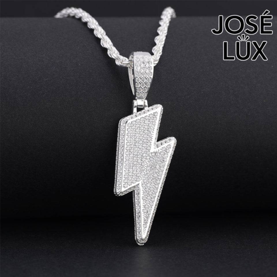 Handmade Iced Out Lightning Bolt Pendant Necklace for Men — 925 Sterling Silver, Rhodium Plated White Gold Finish, Swiss CZ