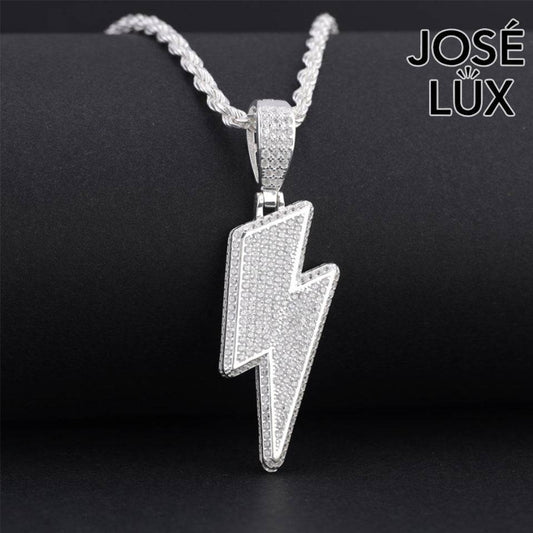 Handmade Iced Out Lightning Bolt Pendant Necklace for Men — 925 Sterling Silver, Rhodium Plated White Gold Finish, Swiss CZ