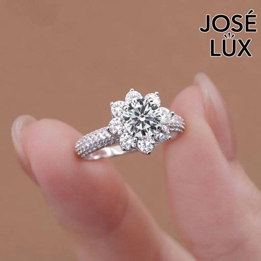 Handmade Flower Halo Ring — 925 Sterling Silver, Rhodium Plated White Gold Finish, GRA Moissanite