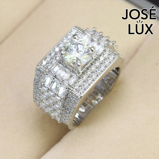 Handmade Men's Moissanite Bust Down Ring — 925 Sterling Silver, Rhodium Plated White Gold Finish, 7.5mm Moissanite & Swiss CZ