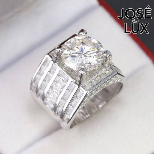 Handmade Men's Vertical Baguette Channel Set Ring — 925 Sterling Silver, Rhodium Plated White Gold Finish, 12mm Moissanite & CZ