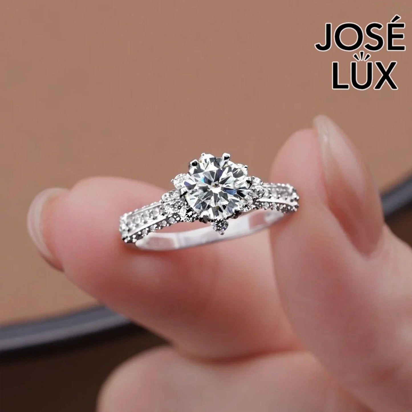 Handmade Snowflake Crown Ring — 925 Sterling Silver, Rhodium Plated White Gold Finish, GRA Moissanite