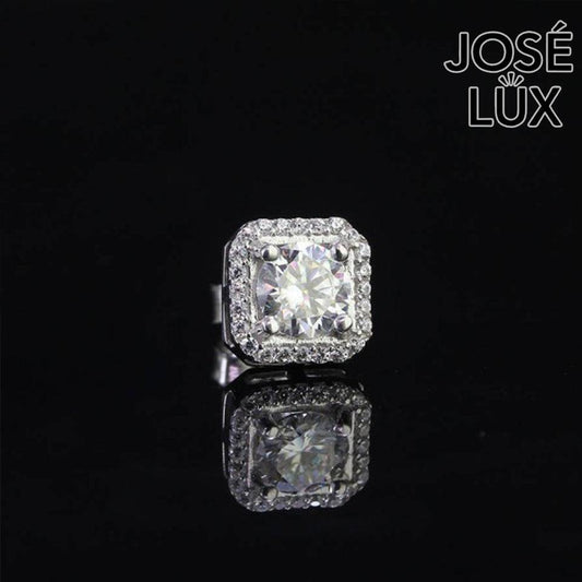 Handmade Men’s Square Halo Stud Earring — 925 Sterling Silver, Rhodium Plated White Gold Finish, GRA Moissanite 0.8ct