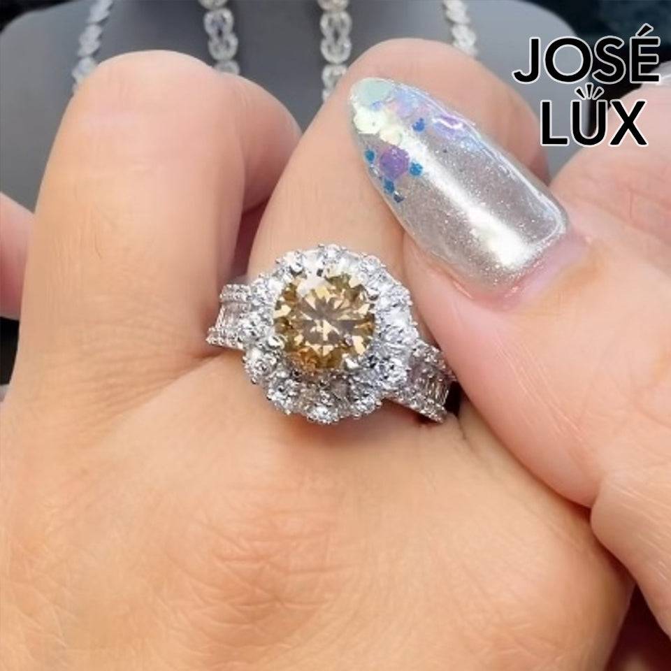 Handmade Champagne Moissanite Halo Ring — 925 Sterling Silver, Rhodium Plated White Gold Finish, GRA Moissanite