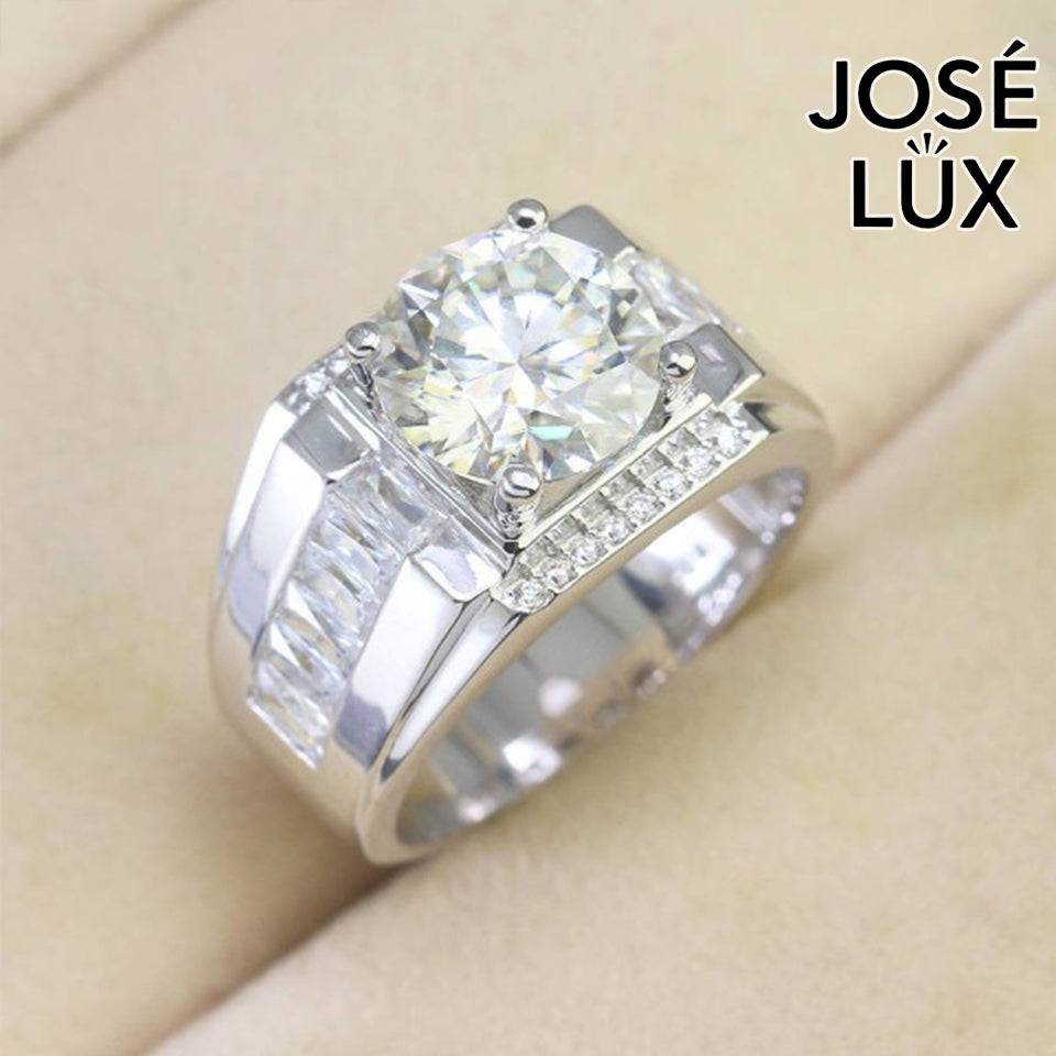 Handmade Men's Round Center Ring with Faceted Geometric Band — 925 Sterling Silver, Rhodium Plated White Gold Finish, Moissanite & CZ