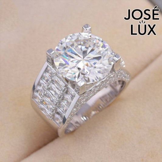 Handmade Men's Baguette Channel Set Ring — 925 Sterling Silver, Rhodium Plated White Gold Finish, 14mm Moissanite & CZ