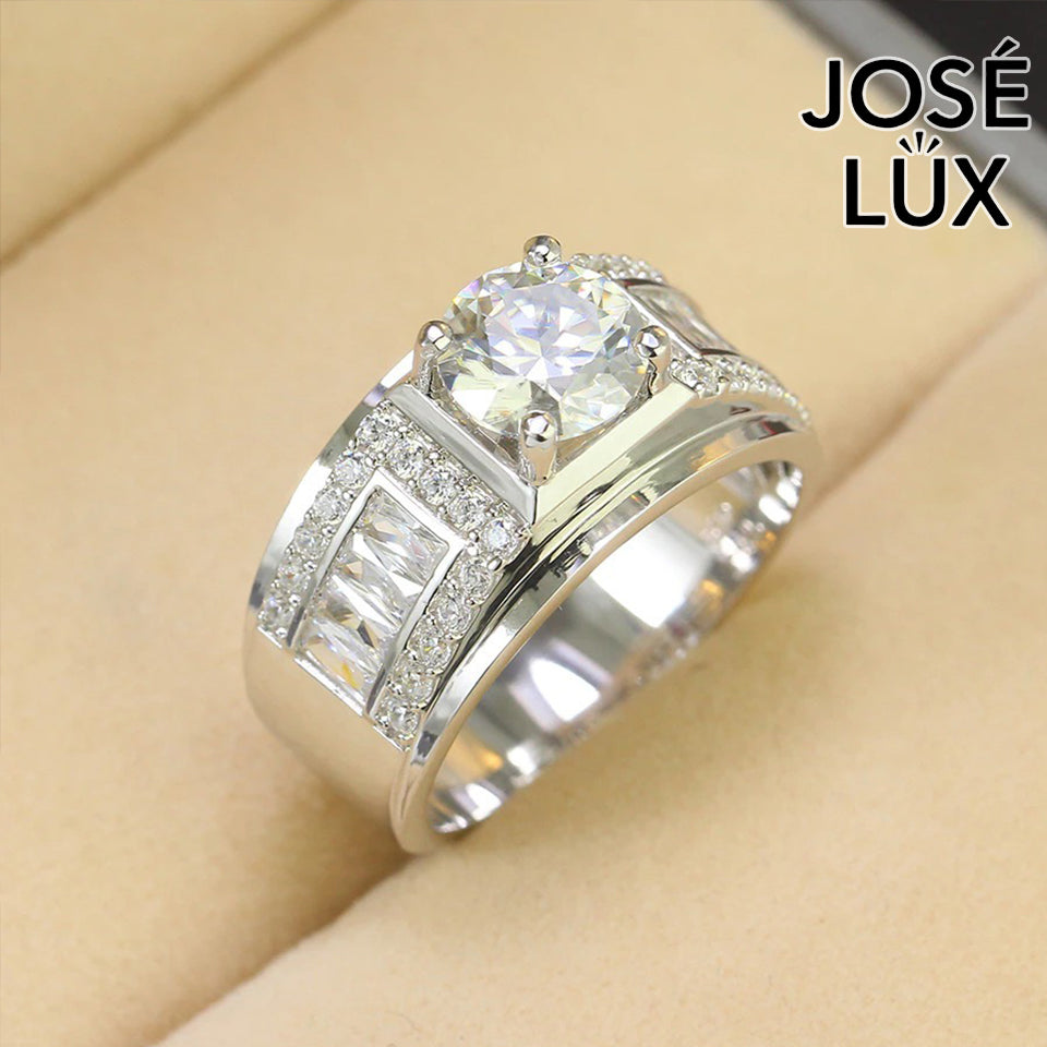 Handmade Men's Moissanite Baguette Shoulder Wide Band Ring — 925 Sterling Silver, Rhodium Plated White Gold Finish, GRA Moissanite