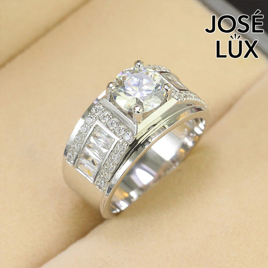 Handmade Men's Moissanite Baguette Shoulder Wide Band Ring — 925 Sterling Silver, Rhodium Plated White Gold Finish, GRA Moissanite