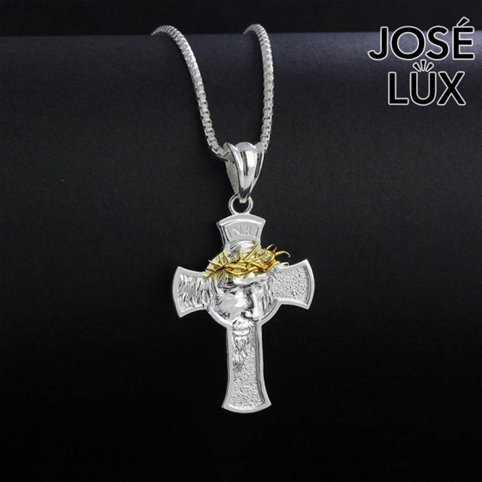 Handmade Jesus Face Cross Pendant Necklace for Men — 925 Sterling Silver, Two-Tone Gold Crown of Thorns, Rhodium Plated White Finish