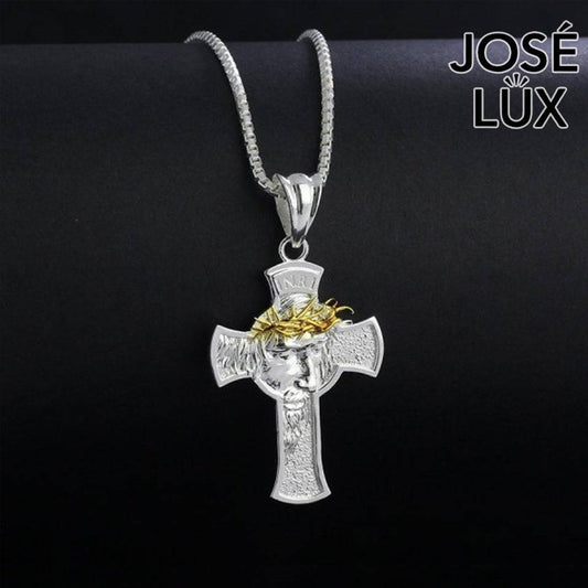 Handmade Jesus Face Cross Pendant Necklace for Men — 925 Sterling Silver, Two-Tone Gold Crown of Thorns, Rhodium Plated White Finish