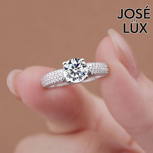 Handmade Triple Row Micropavé Ring — 925 Sterling Silver, Rhodium Plated White Gold Finish, GRA Moissanite 1.2ct