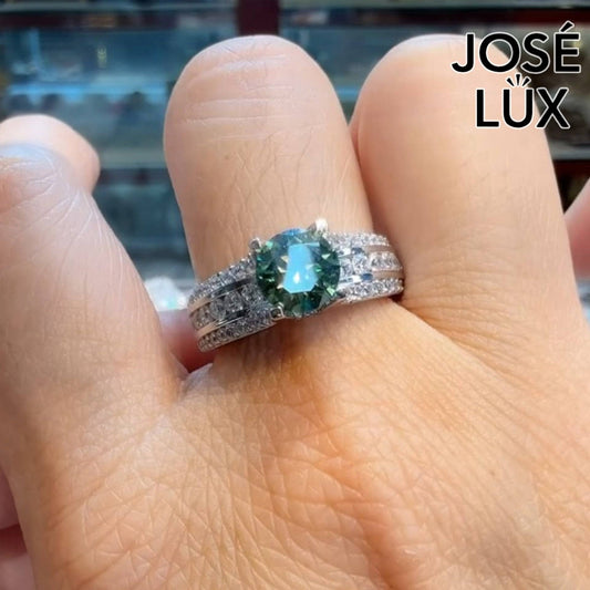 Handmade Bypass Split Shank Moissanite Ring — Green Moissanite, 925 Sterling Silver, Rhodium Plated White Gold Finish, GRA Moissanite