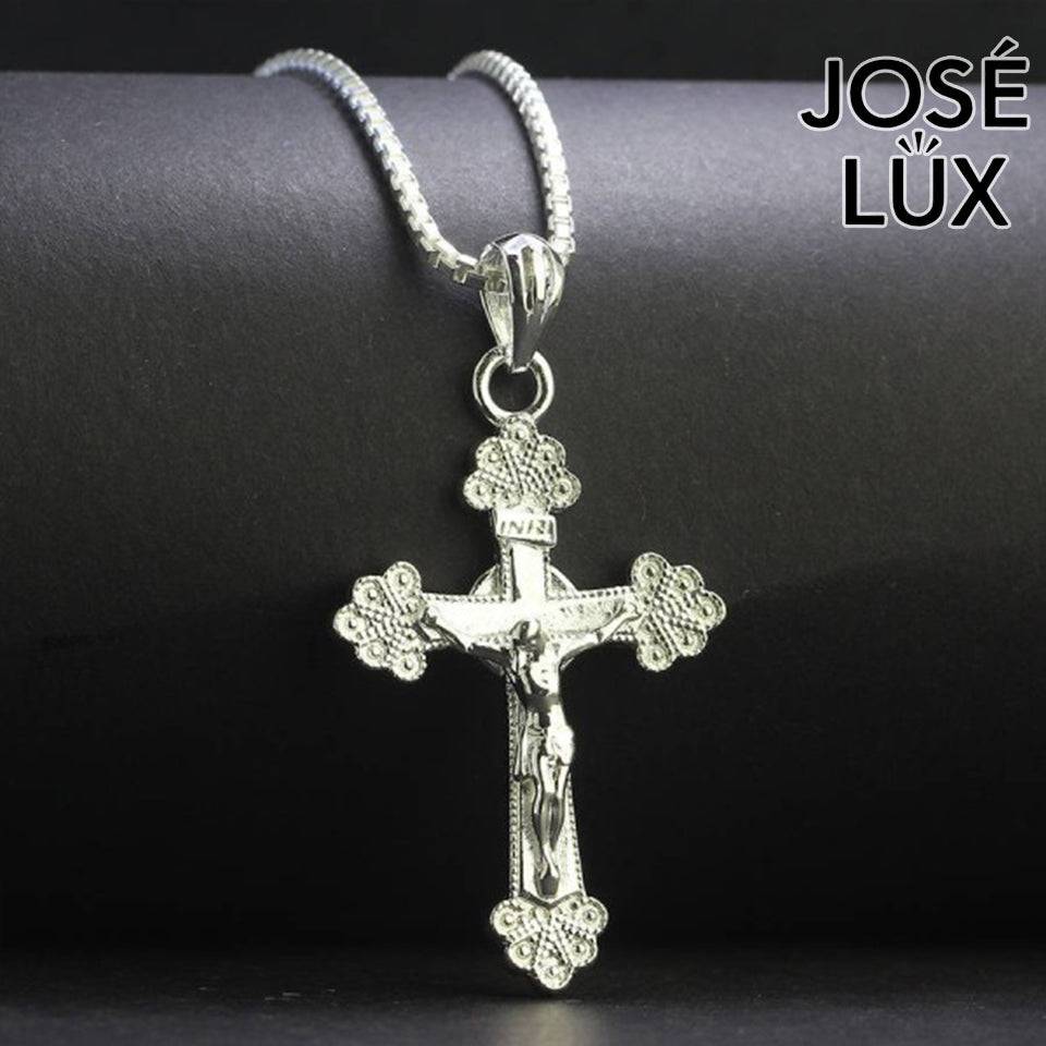 Handmade 925 Sterling Silver Crucifix Pendant Necklace for Men — Rhodium Plated White Gold Finish, Sculpted Jesus Corpus, Ornate Trefoil Arm Caps