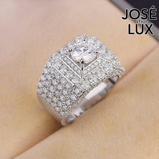 Handmade Men's Wide Pavé Ring — 925 Sterling Silver, Rhodium Plated White Gold Finish, GRA Moissanite
