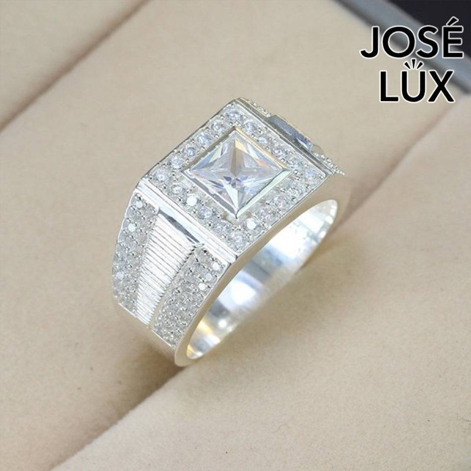 Handmade Men’s Princess-Cut Halo CZ Ring — 925 Sterling Silver, Rhodium Plated White Gold Finish, Swiss-Certified CZ